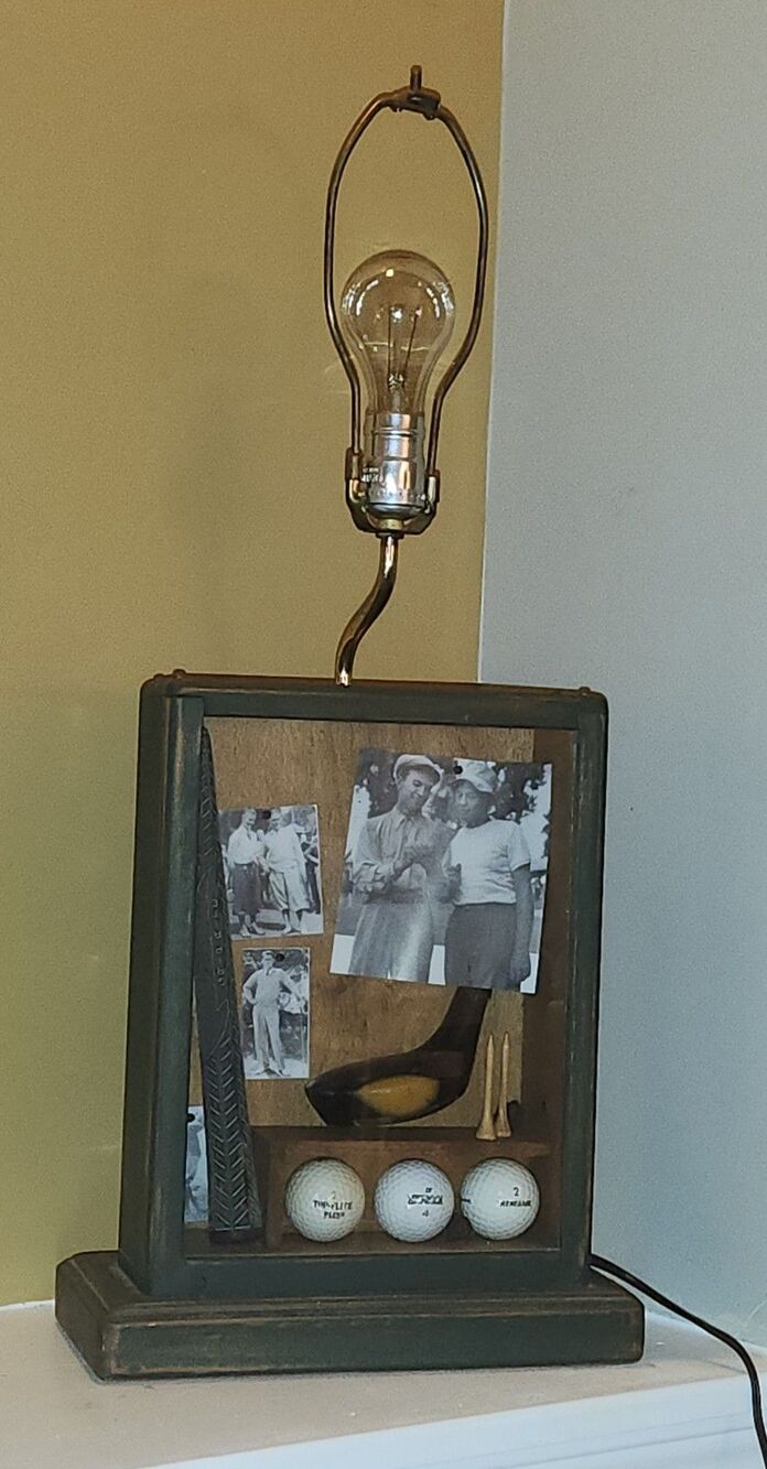 Vintage Golf Lamp Shadow Box Wood Framed Freestanding Display Club Balls Cards